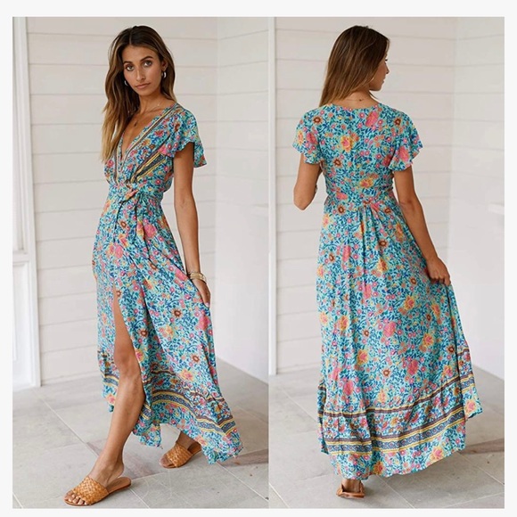 ecowish Dresses Ecowish Bohemian Wrap Dress High Split Maxi Dress